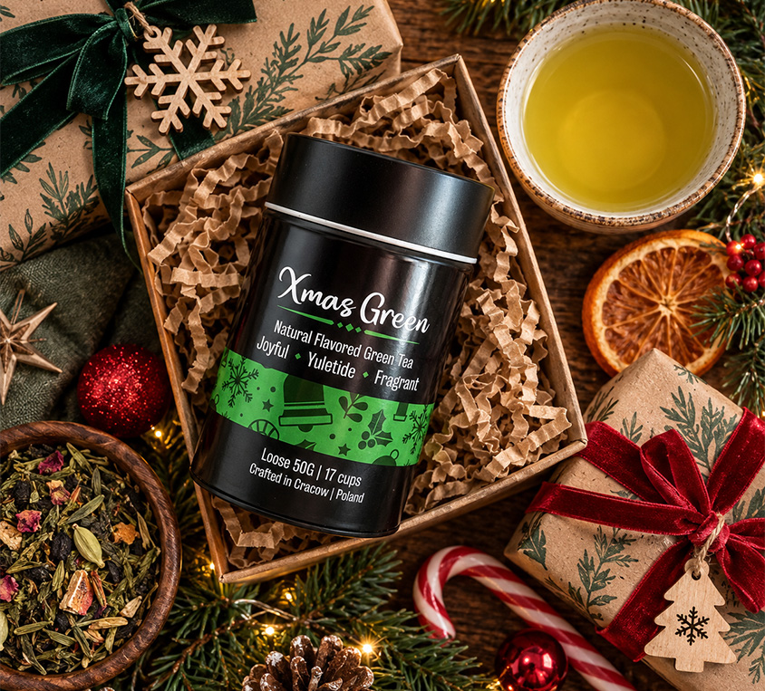 Green Xmas Leo Tea – świąteczna zielona herbata w metalowej puszce 50g z dekoracyjną etykietą